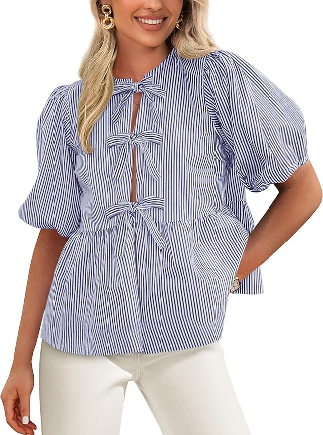 PRETTYGARDEN Women's Tie Front Striped Shirt 2025 Summer Trendy Fashion Cute Babydoll Tops Peplum... | Amazon (US)