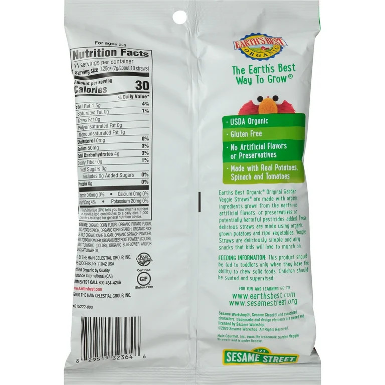 Earth's Best Organic Original Garden Veggie Straws Toddler Baby Snack, 2.75 oz Bag | Walmart (US)