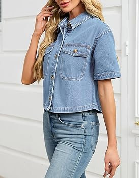 Kedera Womens Crop Denim Shirt Short Sleeve Button Down Short Jean Jacket Trendy Jean Tops Shacke... | Amazon (US)