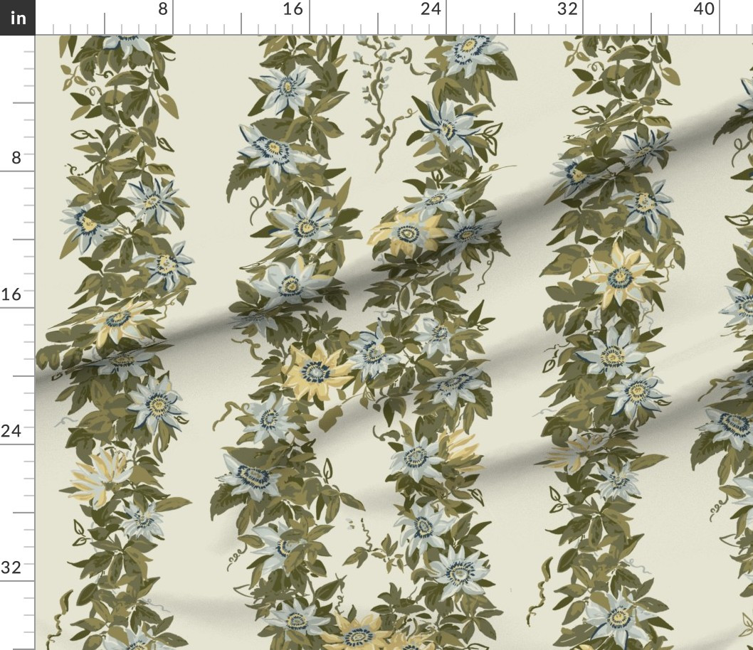 Fabric in Garlow Blue Center Green Leaf On Ballet White | Spoonflower