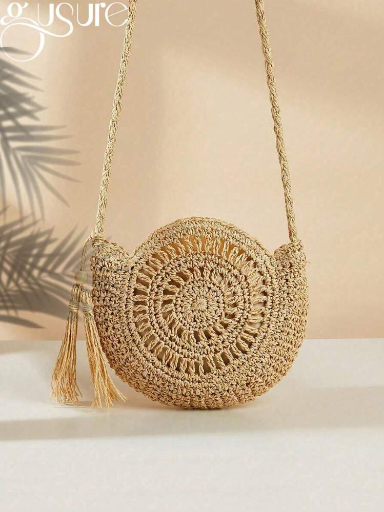 Gusure Bag Handmade Woven Round Straw Bag Boho Tassel Decor Crossbody Bag Fashion Hollow Out Beac... | SHEIN
