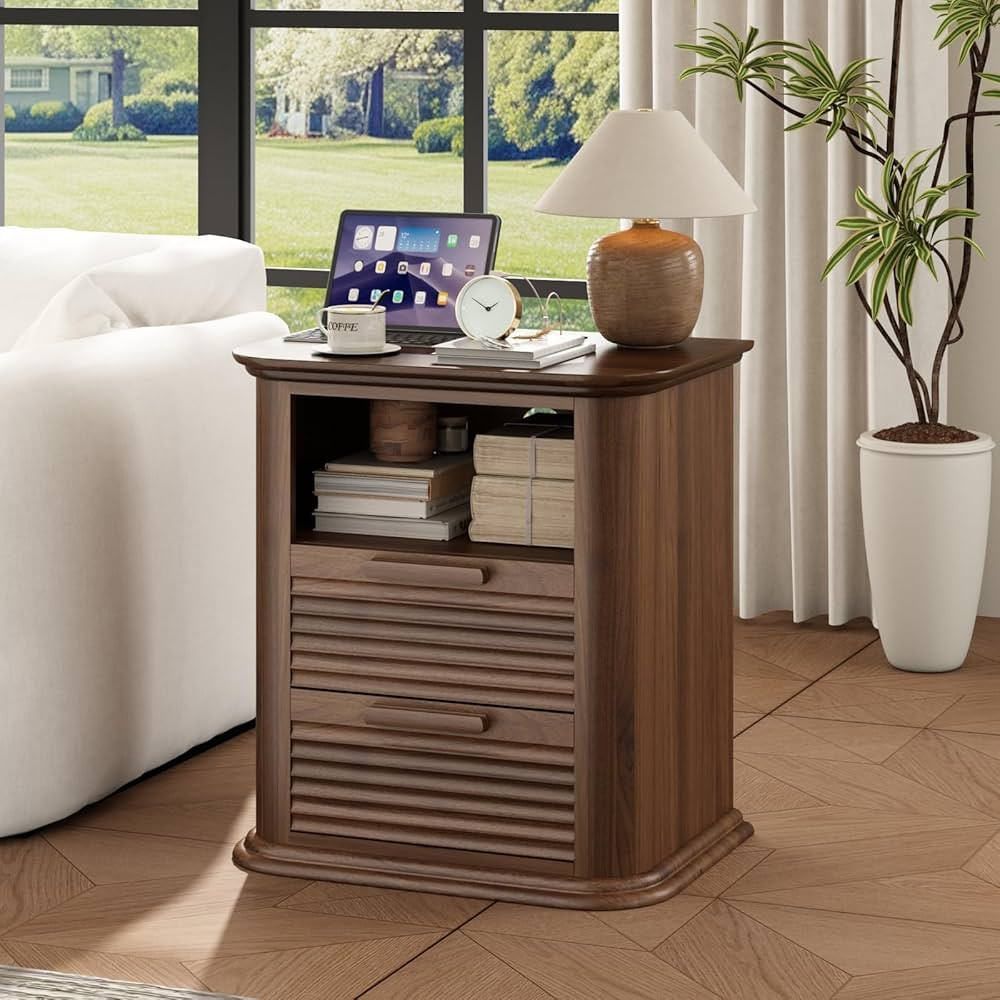 Fluted Nightstand with Charging Station, Modern End Table with 2 Drawers and Open Storage, Wood N... | Amazon (US)