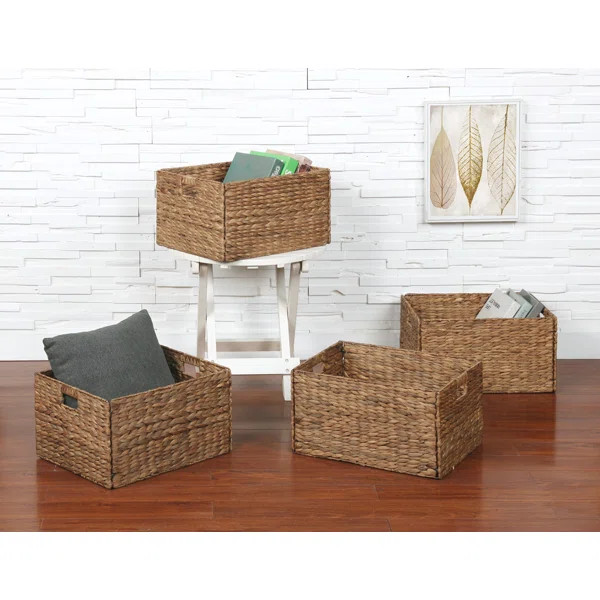 Rectangular Natural Water Hyacinth Hand Woven Rattan Wicker Storage Basket Set with Iron Wire Fra... | Wayfair North America