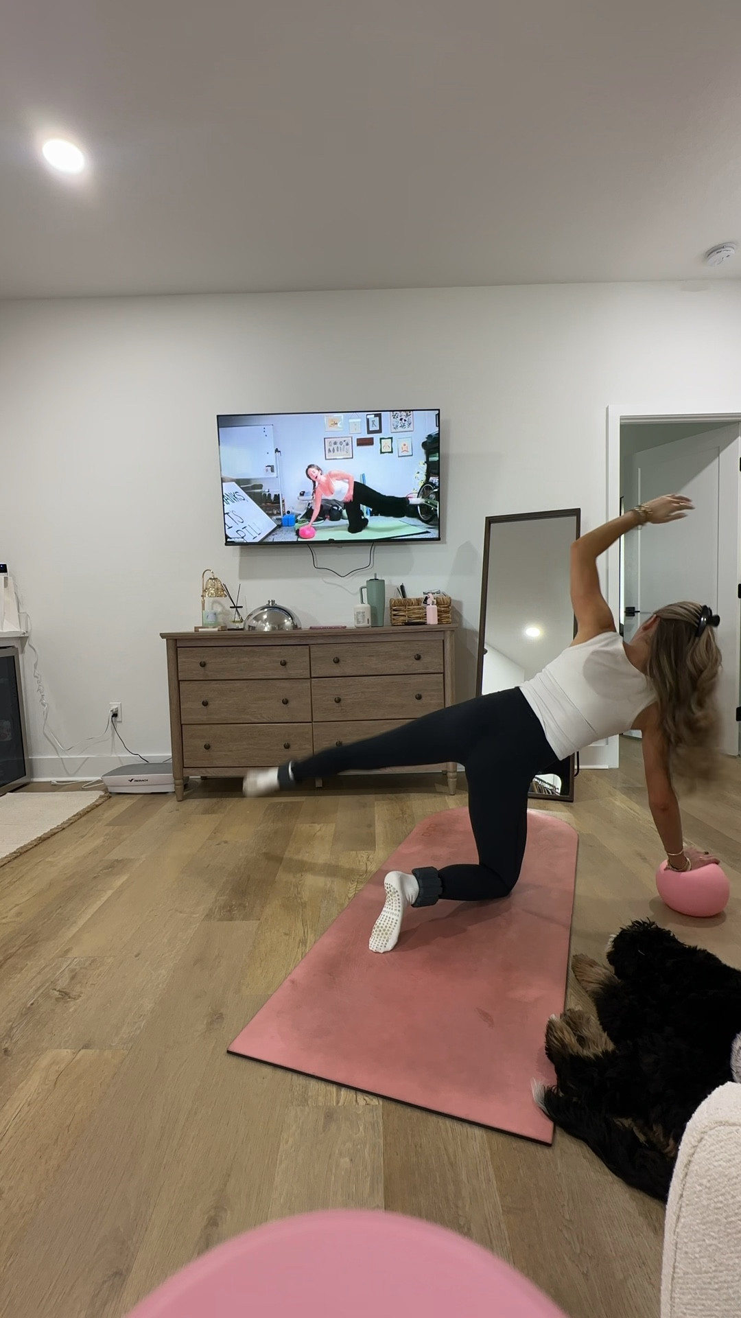 Workout outfit of the day! My leggings are the @abercrombie YPB sculpt flex leggings size XS with my Halara white sports bra and the old navy white tank top. 

My workout and workout gear for my daily workout. I take pilates classes from @lexfish on Instagram she has a whole online platform and membership! Most of my pilates gear and tools are from Bala. Bala use code SLOANE15. 
#workoutgear #workoutwear #pilates #ootd #outfit #athleticwear #athleticoutfit #bikershorts #sportsbra #pilatesoutfit #athleisure #bala #pilatesworkout #pilateslovers #pilatestiktok #balabangles @abercrombie @Halara 

#LTKmorningroutine #LTKfitnessgoals #LTKActive