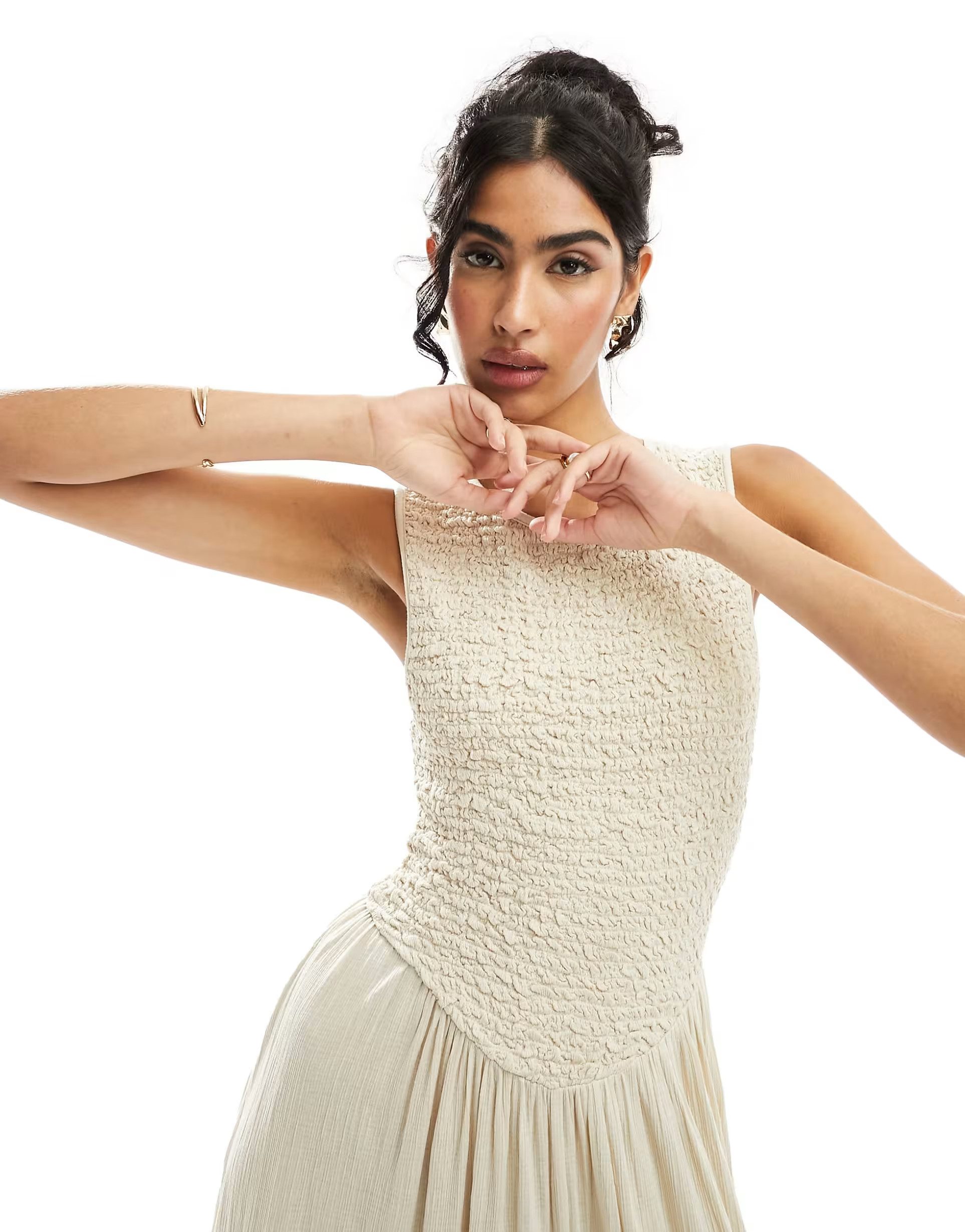 ASOS DESIGN crinkle shirred bodice maxi dress with open back in stone | ASOS (Global)