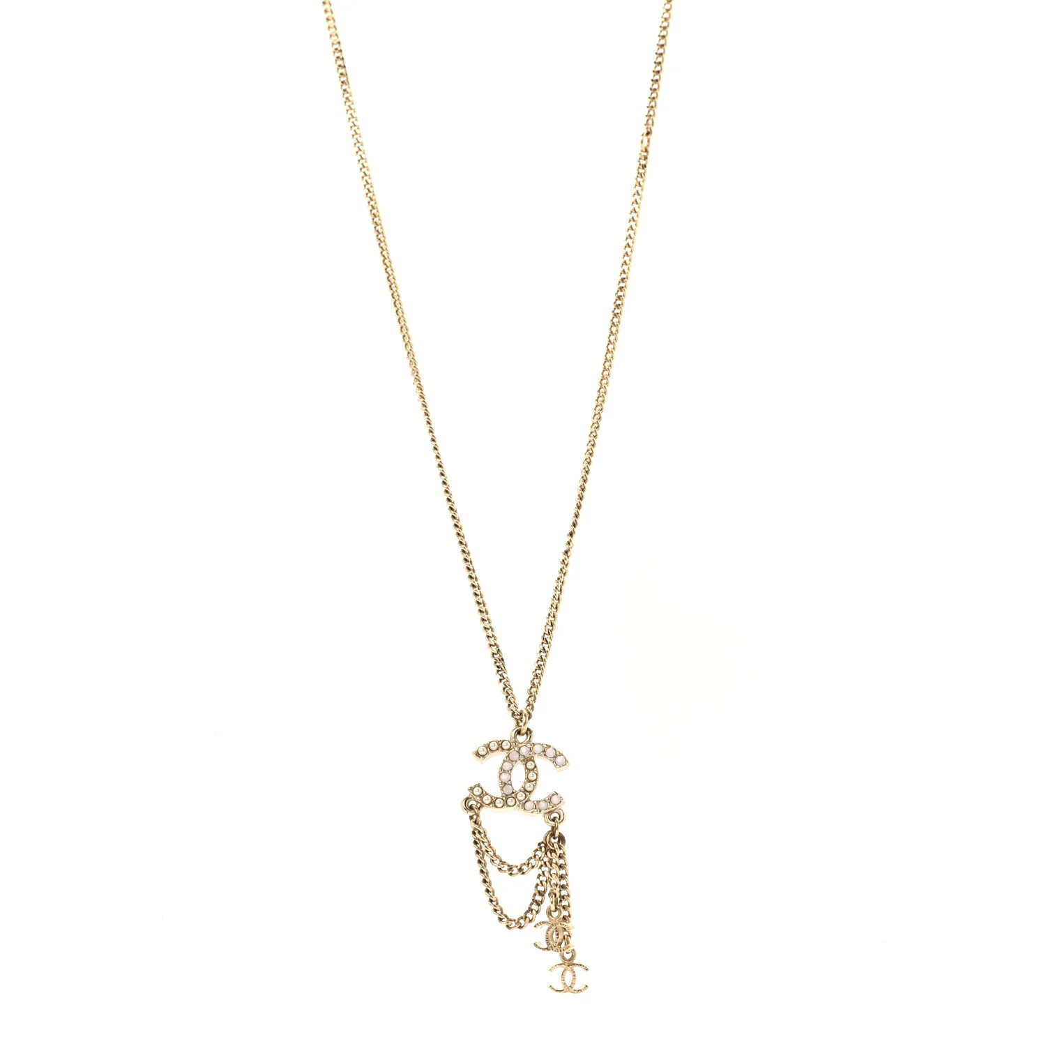 Pearl Crystal CC Chain Necklace Gold Pink | FASHIONPHILE (US)