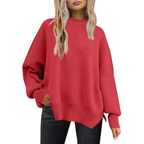 Womens Oversized Sweater Pullover Soft Ribbed Knit Crewneck Sweaters Slouchy Batwing Long Sleeve Pullover Sweatshirts Casual Hem Side Slit Tees for Women Fall Winter Outfits Suéter Para Mujer | Amazon (US)