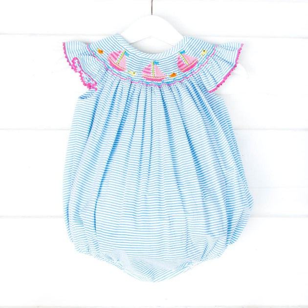 Turquoise Stripe Sailboat Smocked Bubble | Classic Whimsy