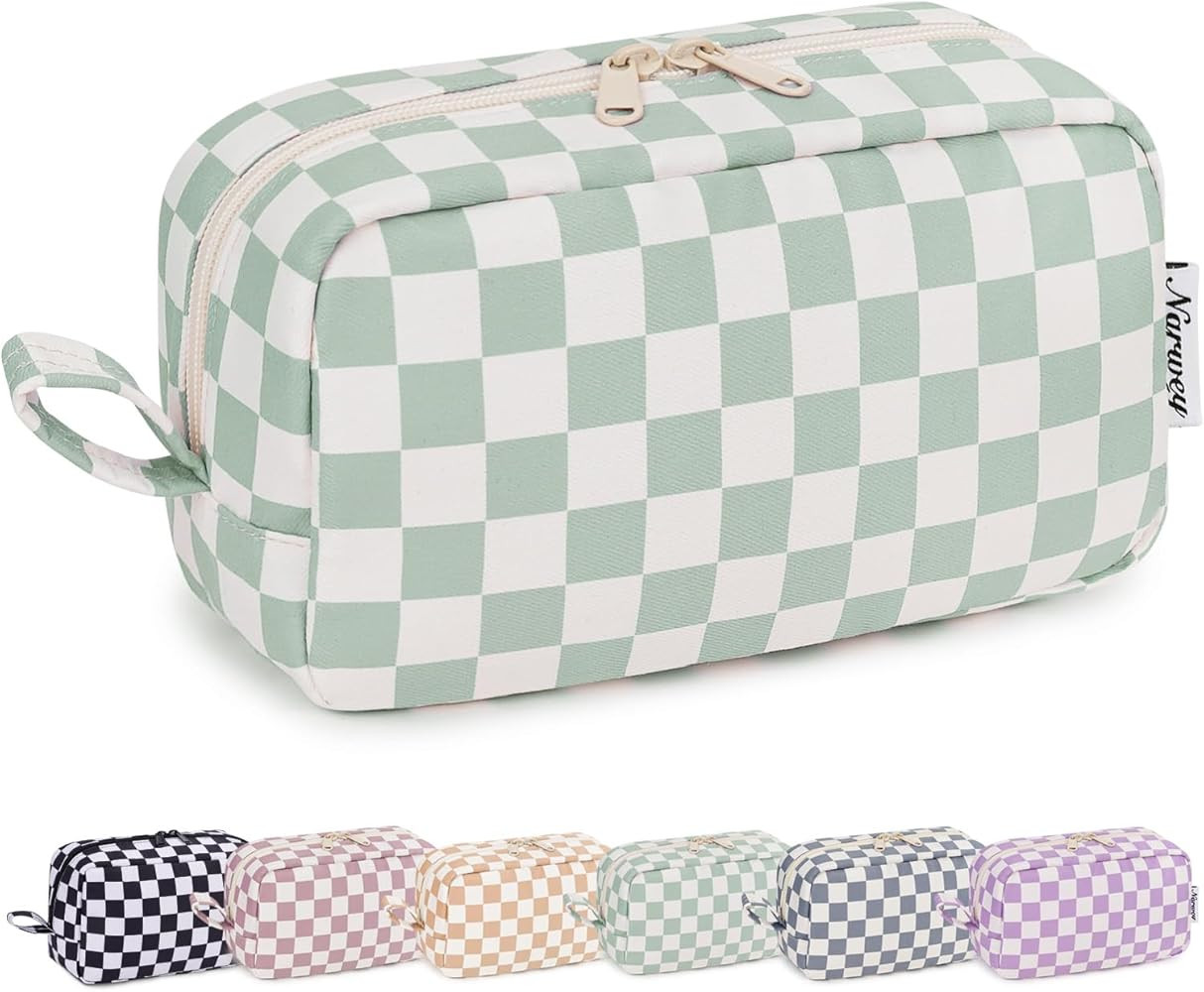 Narwey Checkered Makeup Bag Travel Cosmetic Bag Organizer Small Toiletry Bag Make Up Bags with Or... | Amazon (US)