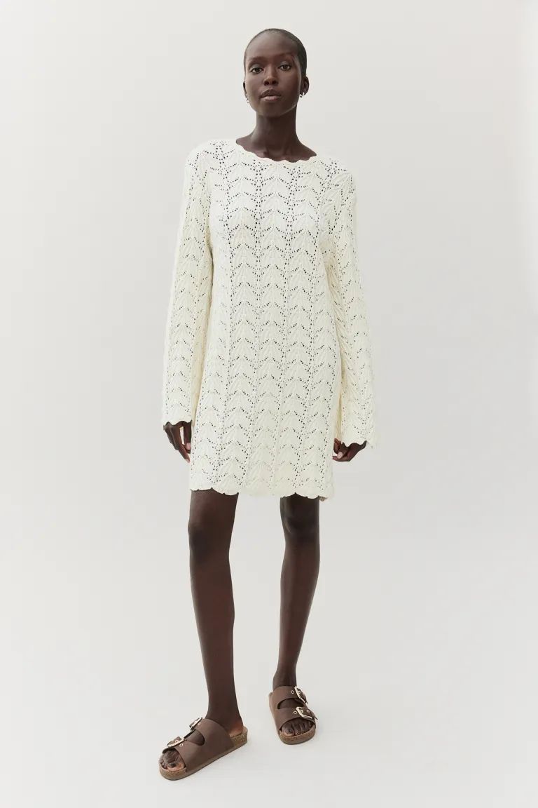 Pointelle-knit dress - Round neck - Long sleeve - Cream - Ladies | H&M GB | H&M (UK, MY, IN, SG, PH, TW, HK)