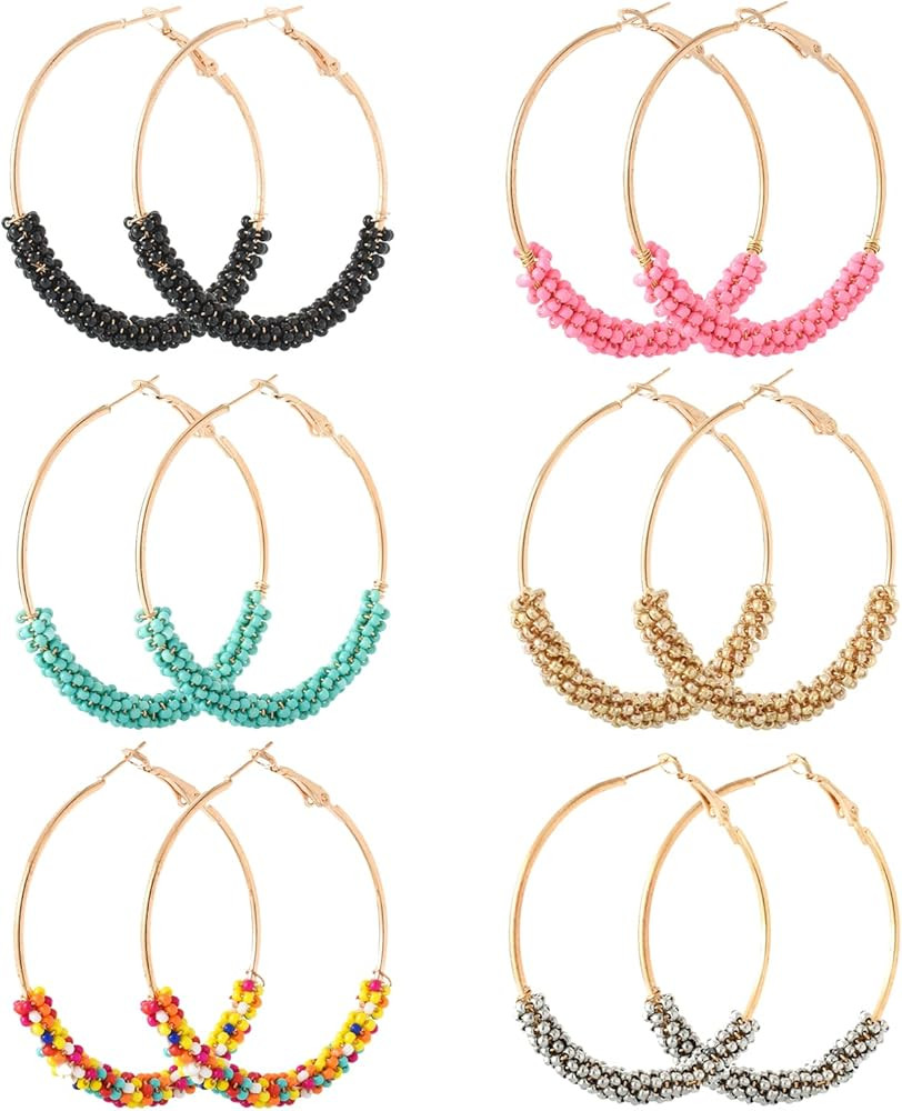 6 Pair Beaded Hoop Earrings Boho Flower Round Earrings Women's Handmade Earrings Set | Amazon (US)