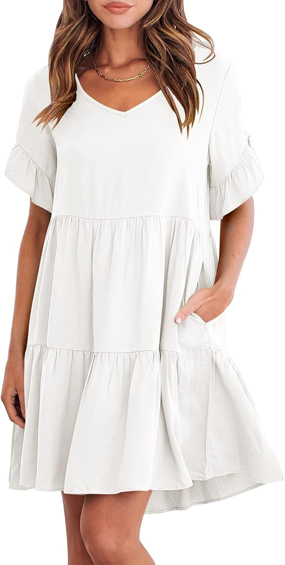 ANRABESS Women’s Summer Casual V Neck Babydoll Dress Ruffle Short Sleeve Tiered A-Line Flowy Mi... | Amazon (US)