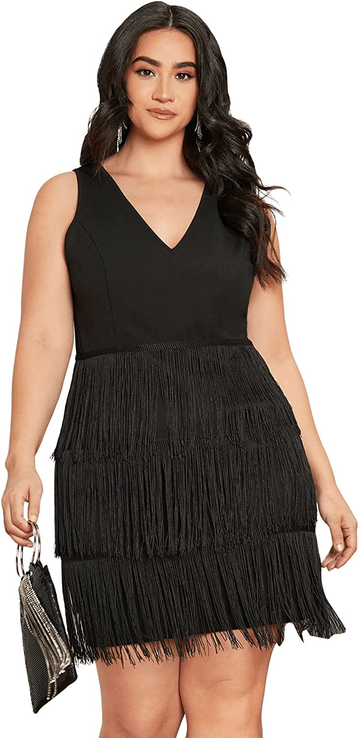 Floerns Women's Plus Size V Neck Sleeveless Layered Fringe Hem Party Short Dress | Amazon (US)
