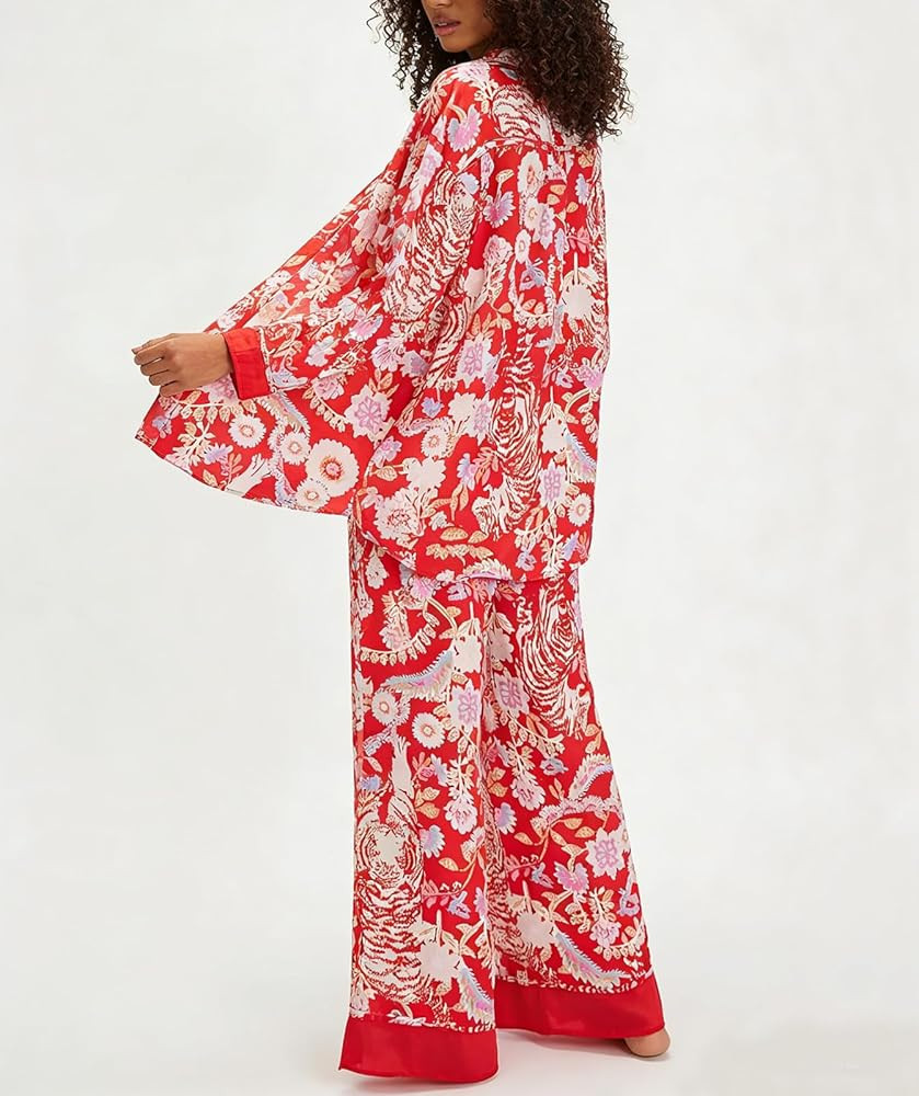 Women Satin Pajama Set Floral Silk Pajamas 2 Piece Lounge Sets Button Down Shirts Wide Leg Pants ... | Amazon (US)