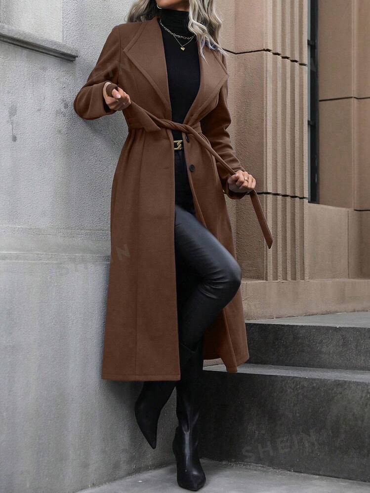 SHEIN Clasi Ladies' Long Sleeve Turn-down Collar Woolen Jacket | SHEIN