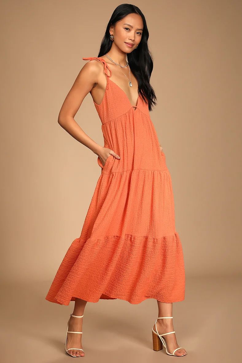 Let the Sun Beam Orange Tie-Strap Tiered Midi Dress With Pockets | Lulus (US)
