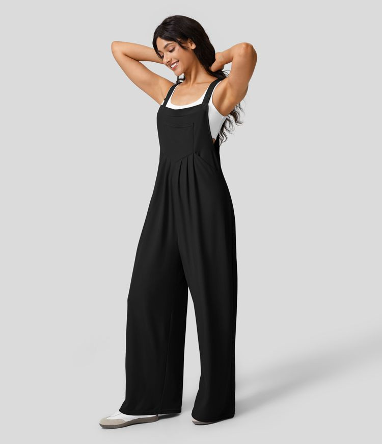 Adjustable Strap Button Multiple Pockets Plicated Waffle Casual Overalls | HALARA