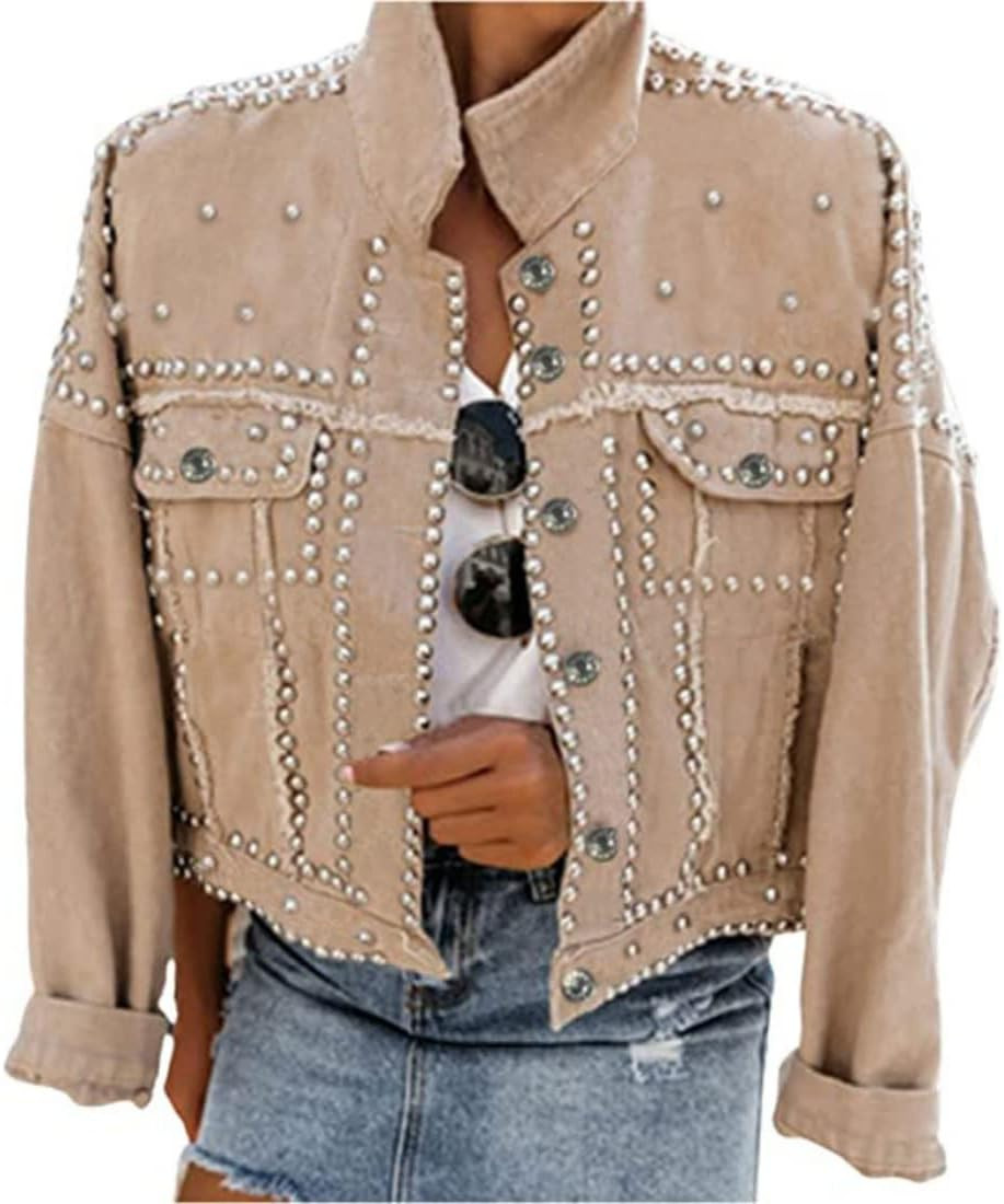 Omoone Women's Long Sleeve Rivet Studded Denim Jacket Casual Washed Pearl Short Jean Coat | Amazon (US)