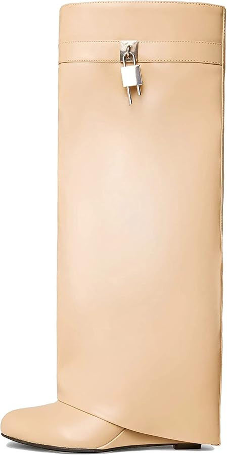 keleimusi Fold Over Wedge Boots Heeled PadLock Pant Knee High Shoes Tall/Short Booties | Amazon (US)