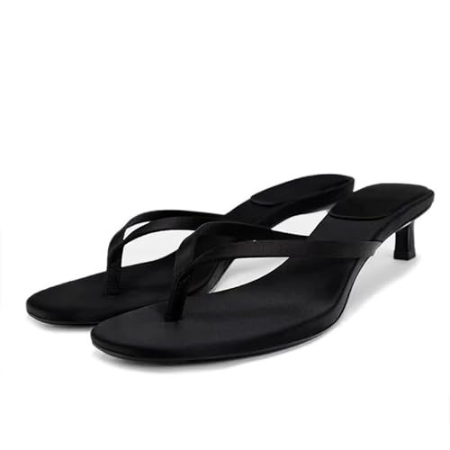 Women's Kitten Heels Thong Sandals Round Open Toe Flip Flops Comfortable Summer Low Heeled Sandals (Black,10) | Amazon (US)