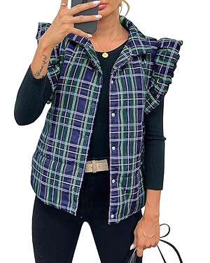 Tankaneo Womens Plaid Puffer Vests Ruffle Sleeveless Lightweight Quilted Vest Fall Winter Padded ... | Amazon (US)