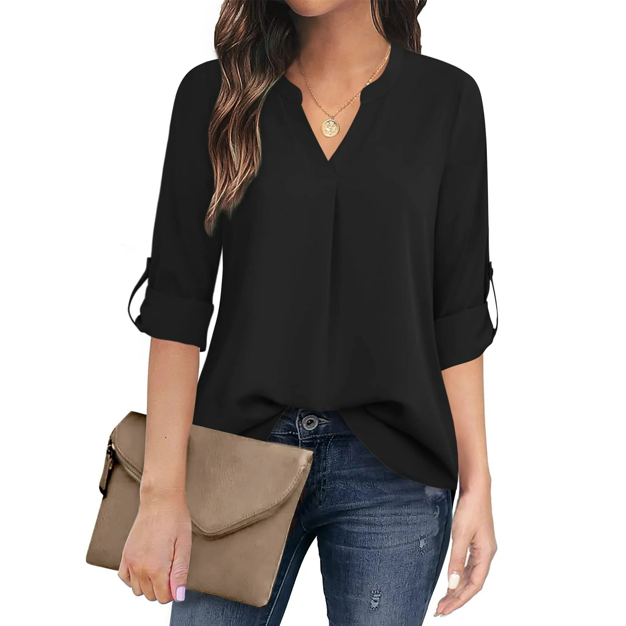 Fantaslook Womens Blouses 3/4 Sleeve V Neck Work Shirts Dressy Tops Chiffon Office Wear | Walmart (US)