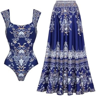 FLAXMAKER Women's One Piece Royal Blue Baroque Print Bathhing Suits Swimsuit and Skirt | Amazon (US)