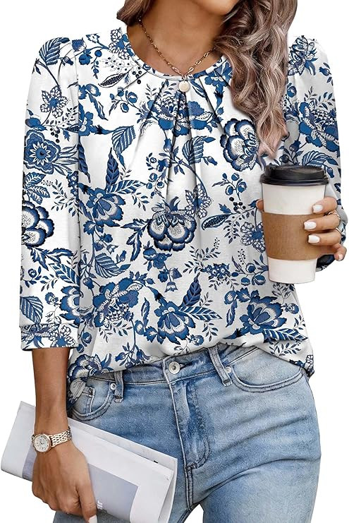 3/4 Length Sleeve Womens Tops Business Casual Outfits Pleated Front Blouses Dressy Casual Summer ... | Amazon (US)