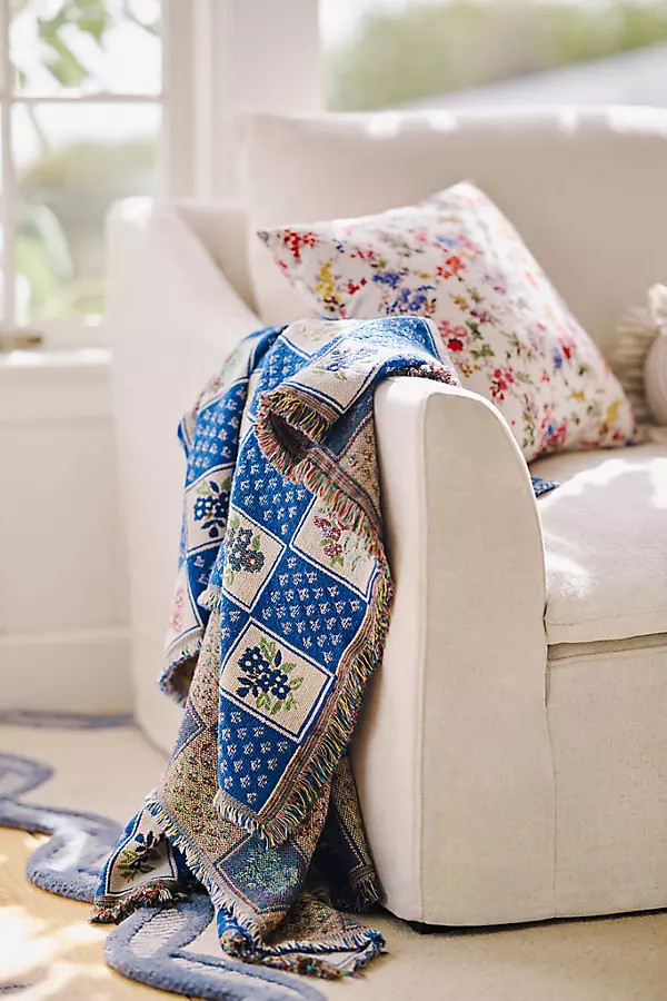 Leiah Cotton Woven Floral Checkered Throw | Anthropologie (US)