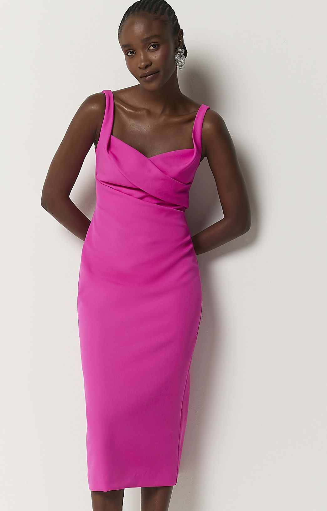 Pink ruched open back bodycon midi dress | River Island (UK & IE)