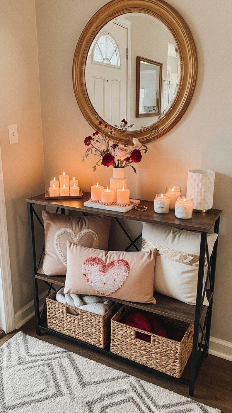 Cozy Valentine’s Entryway Inspiration
Description: Soft blush & red tones, layered pillows, glowing candles, and romantic florals a warm Valentine’s Day welcome.