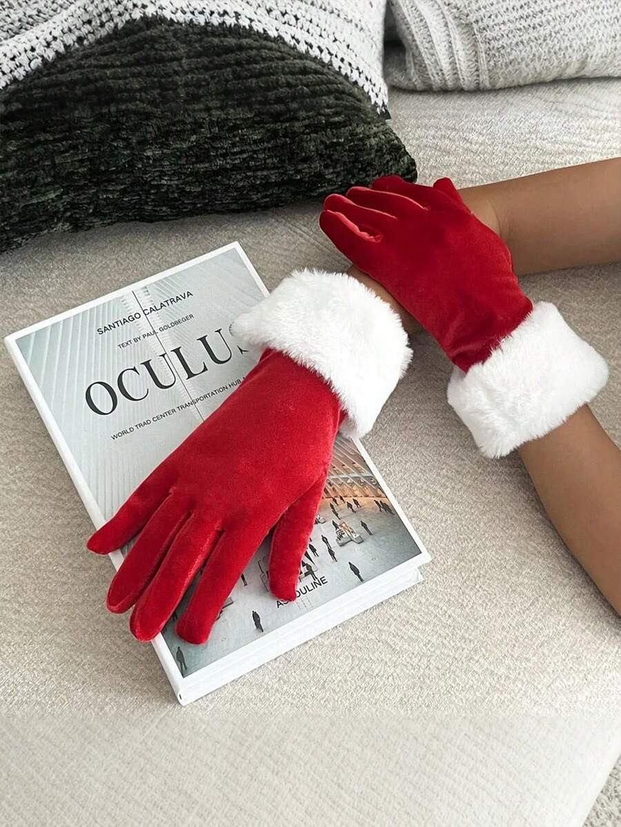 1 Pair Women's Short Velvet Christmas Gloves With White Fur Trim, Warm Party Gloves, Fall / Winte... | SHEIN