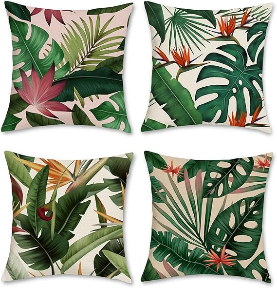 Bonhause Tropical Leaves Throw Pillow Covers 18x18 Set of 4 Green Palm Leaf Monstera Botanical Pi... | Amazon (US)