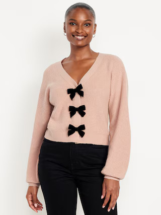 SoSoft V-Neck Bow-Front Cardigan Sweater | Old Navy (US)
