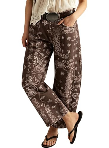 loveimgs Women Boyfriend Baggy Barrel Jeans Floral Print Denim Ankle Pants Wide Leg Mid Rise Jeans Sweatpants Y2k Patchwork (X-Small,Brown) | Amazon (US)