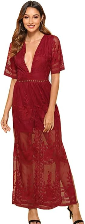 Wicky LS Women's Sexy Short Sleeve Long Dress Low V-Neck Lace Romper | Amazon (US)