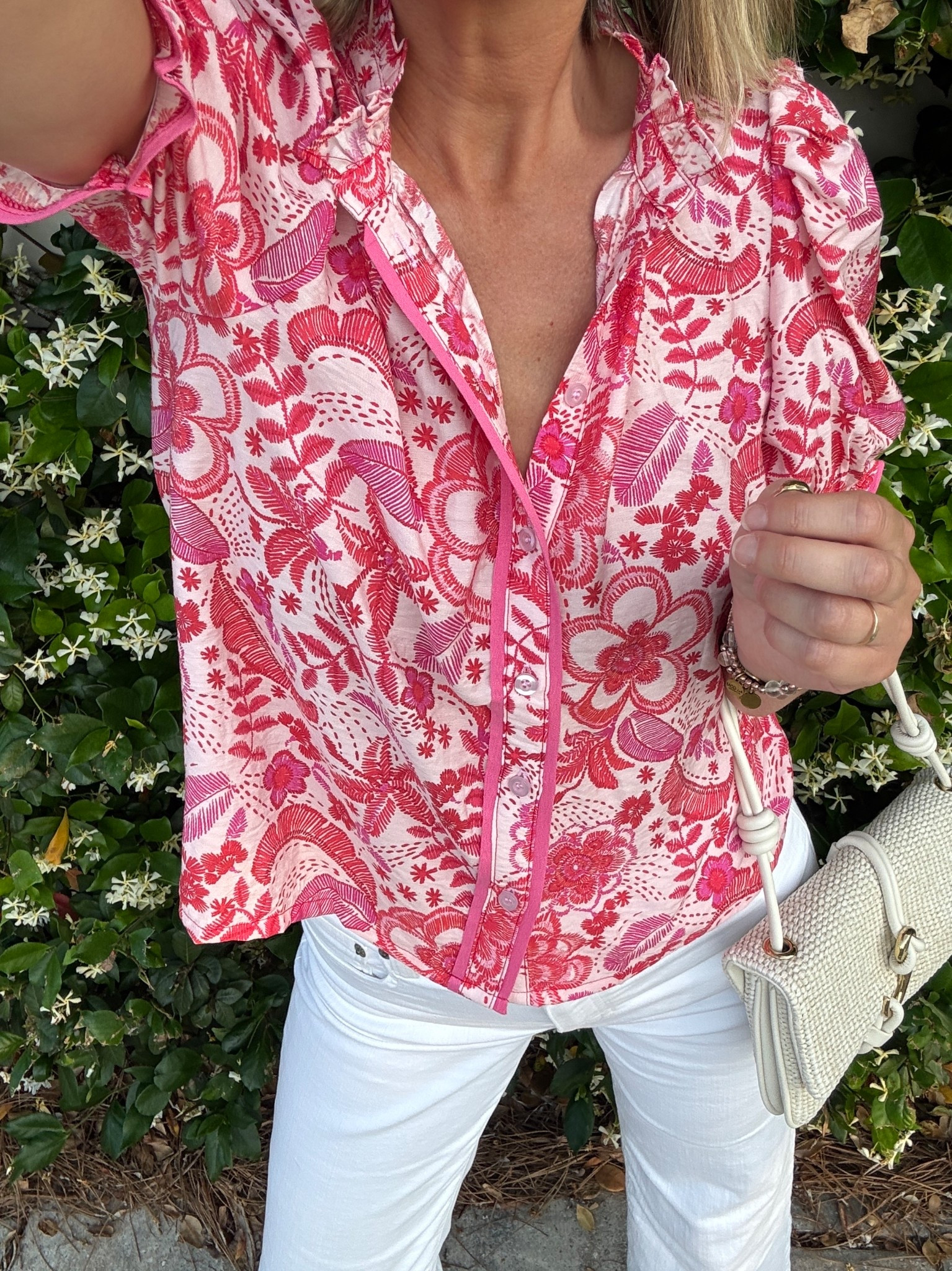 Use my discount code on this gorgeous top!!  PINTERESTING15.  I am in small and 27 tall in the white jeans. I am 5’11”.  

#LTKSaleAlert #LTKOver40 #LTKTravel