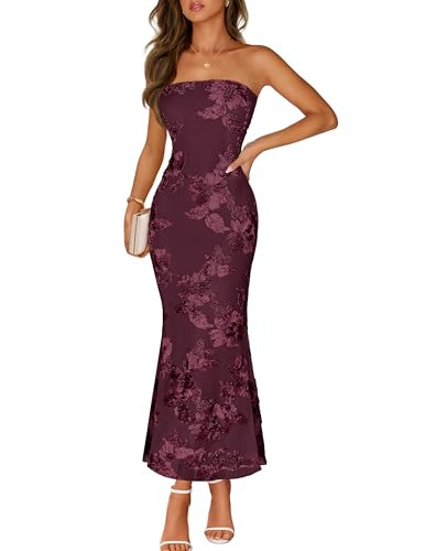 MEROKEETY Women's Floral Strapless Maxi Dress 2026 Summer Mesh Tube Bodycon Formal Wedding Guest ... | Amazon (US)