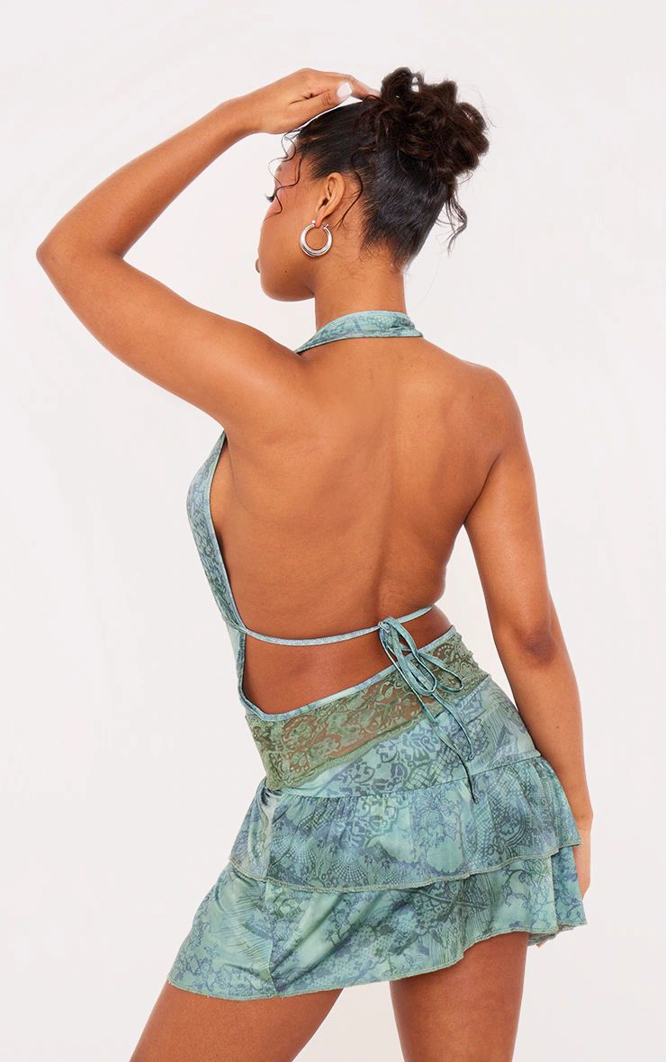 Green Print Slinky Lace Panel Halter Neck Mini Dress | PrettyLittleThing US