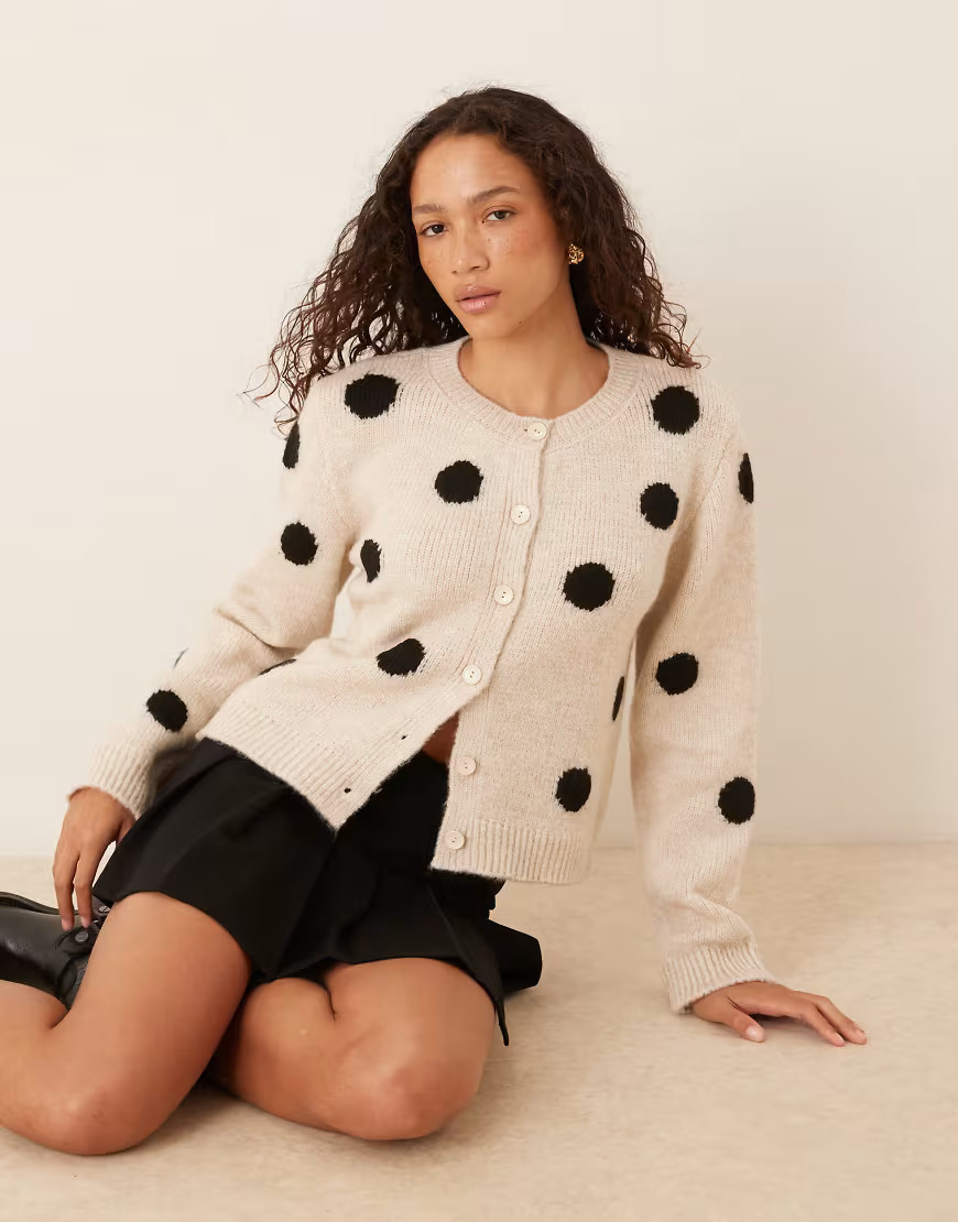 ASOS DESIGN knit cardigan with wool in polka dot-White | ASOS (Global)