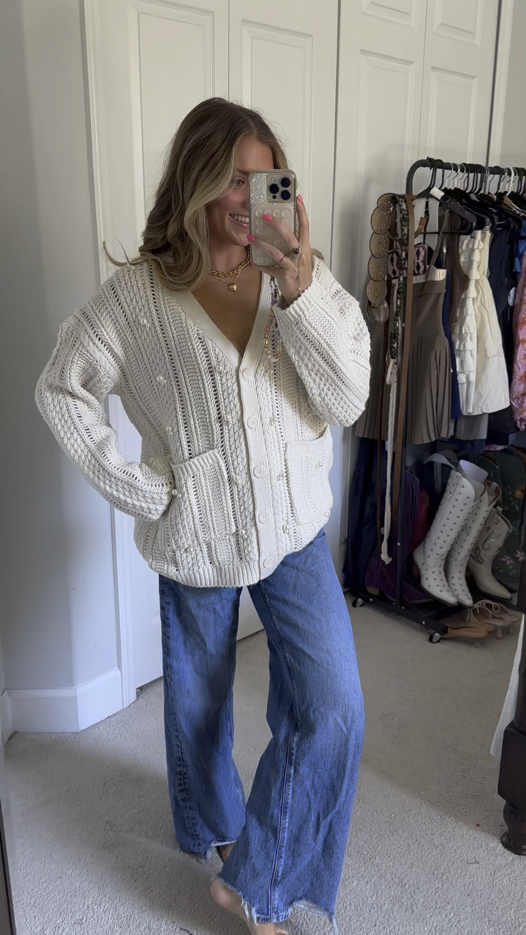 Women's Embellished Relaxed Cardigan - Future Collective Cream. Up your layering game this fall with the Embellished Relaxed Cardigan from Future Collective™. Made from an acrylic-recycled polyester blend in a cream color, this relaxed cardigan is designed with a V-neckline, button-down front and two front pockets. The tunic length makes it easy to pair with your favorite bottoms, and the faux pearl embellishments add a touch of class. @target @targetstyle #target #targetstyle #targetfashion #targethaul #targetfinds #targetdoesitagain target, target style, target haul, target finds, target fashion. 

#LTKFindsUnder100 #LTKHoliday #LTKVideo