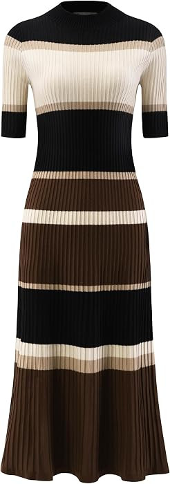 Hobemty Women's Knit Striped Dresses Short Sleeve Midi Ribbed Sweater Dress | Amazon (US)