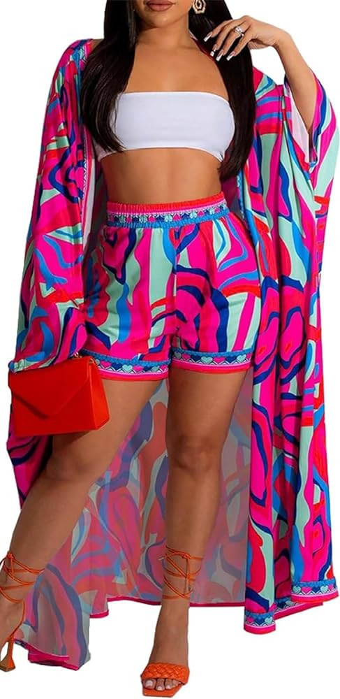 QegarTop Kimono Shorts Set for Women Two Piece Summer Vacation Outfits Flowy Beach Cover up Duste... | Amazon (US)