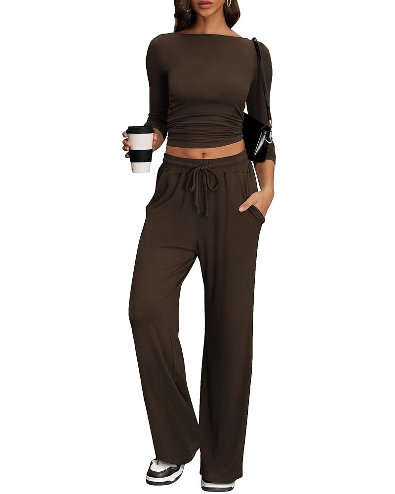 Cozy 2 Piece Lounge Sets for Women, Side Ruched Long Sleeve Top & Wide Leg Pants Casual Matching ... | Amazon (US)