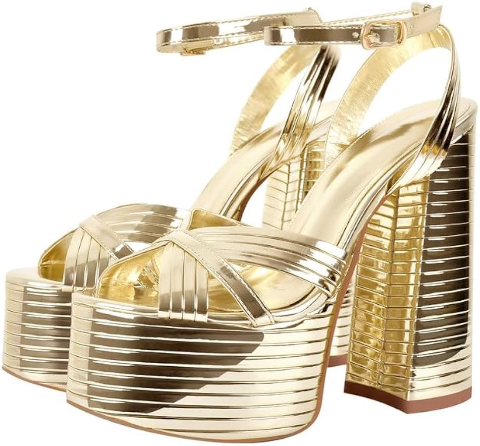 Onlymaker Platform Heels for Women Sexy Ankle Strap Chunky High Heeled Sandals Sparkly Metallic Leather Gold Platform Chunky Heels 5 inch High Block Heel Fashion Dress Platrorm Heels Size 8 | Amazon (US)