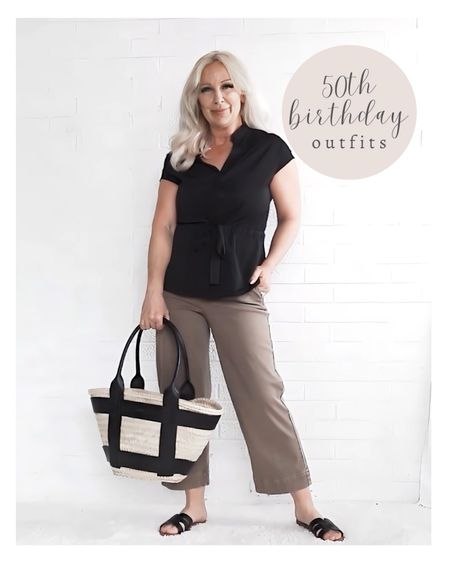 Outfits for my 50th Birthday - black tie waist Amazon top with brown slimming crop pants, straw market tote & Amazon slide sandals.

#LTKitbag #LTKSeasonal #LTKover40