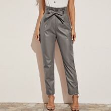 Paperbag Waist Belted PU Leather Pants | SHEIN