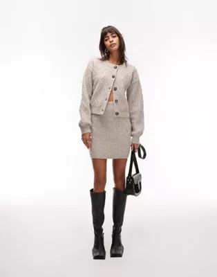 Topshop cable knit crew neck cardigan and skirt set in brown | ASOS (Global)
