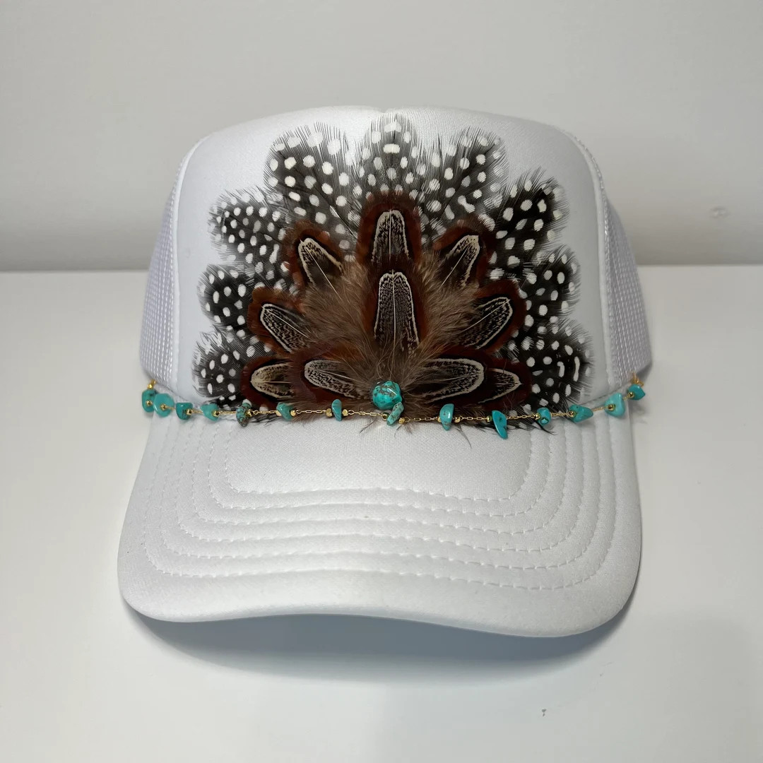 FEATHER Trucker Hat With BEADED Turquoise Hat Chain Cowgirl NFR Rodeo Hat White Black Spotted - E... | Etsy (US)