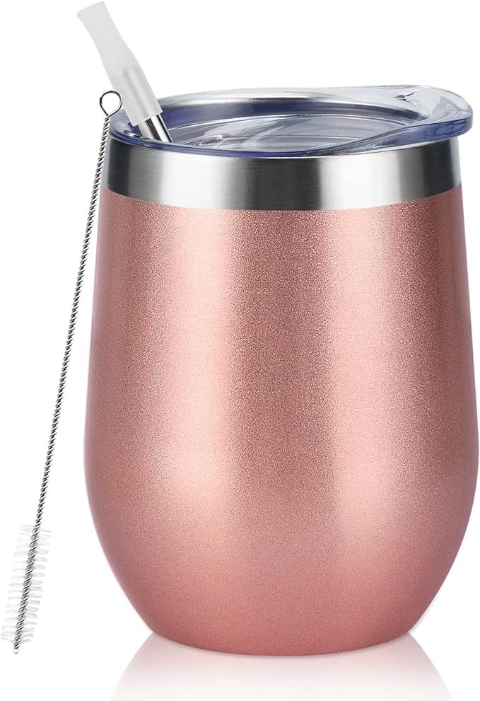 Stainless Steel Wine Tumbler 12Oz, Double Wall Vacuum Insulated Wine Tumbler with Lid and Straw, ... | Amazon (US)